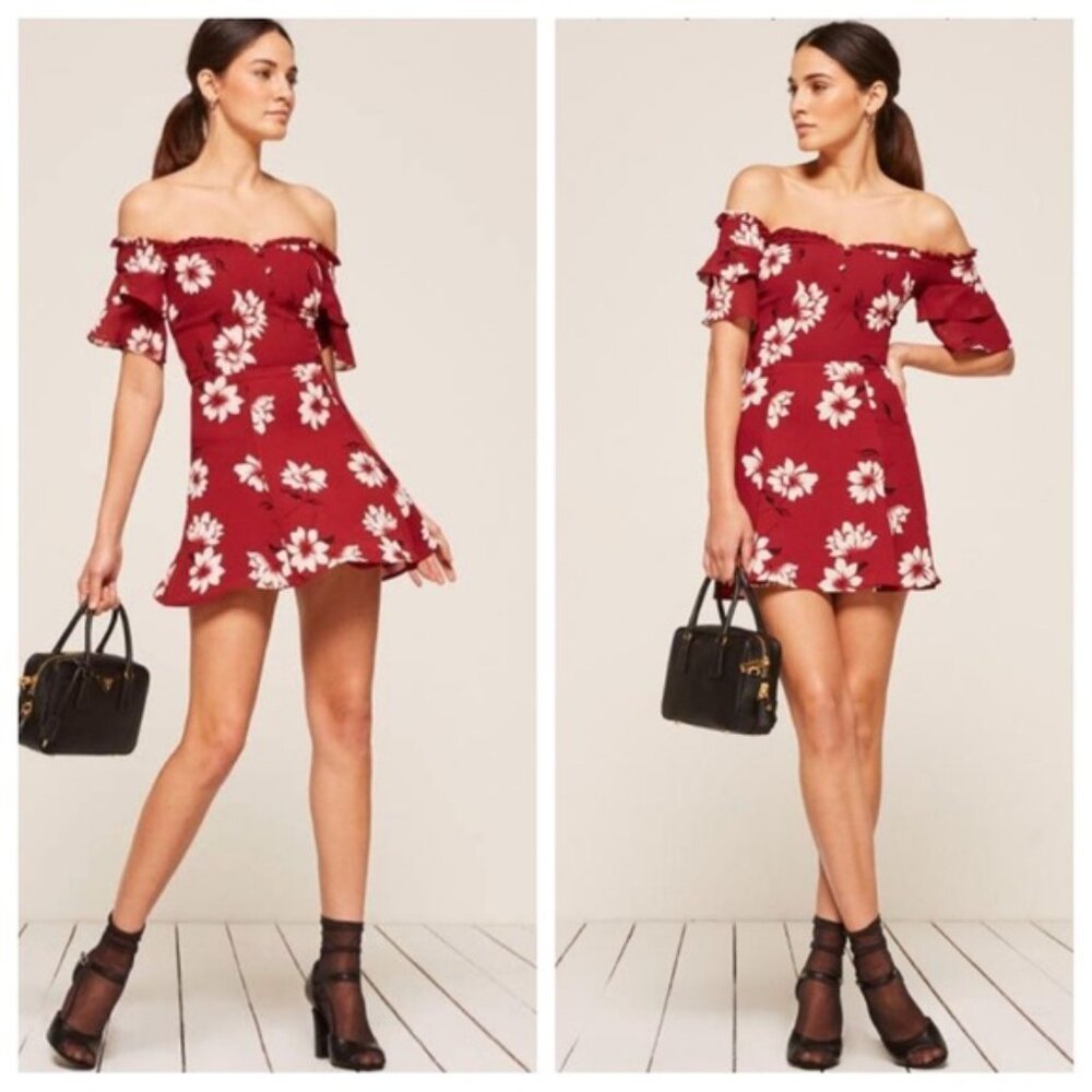 REFORMATION Diana Off‎ Shoulder red floral mini dress 4